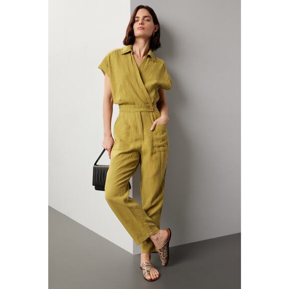 BLANKNYC Moss Green 100% Linen Cap Sleeve Collared Front Button Jumpsuit Size S - Picture 1 of 15